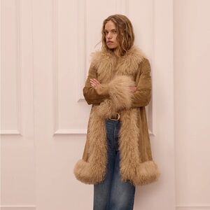 CHARLOTTE SIMONE Mongolian fur Trim Suede Coat in Camel. Lulu XS NWT
